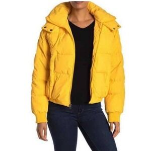 Lucky Brand Bright Yellow Cropped Hooded Puffer Jacket Quilted Construction Sz L